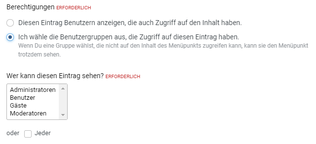 Menü Berechtigungen