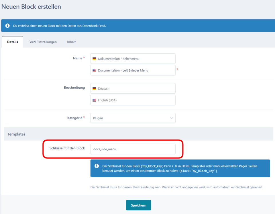 Block für Seitenemenü - Registerkarte Details