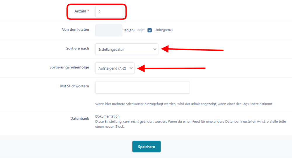 Block für Seitenmenü - Feed Einstellungen