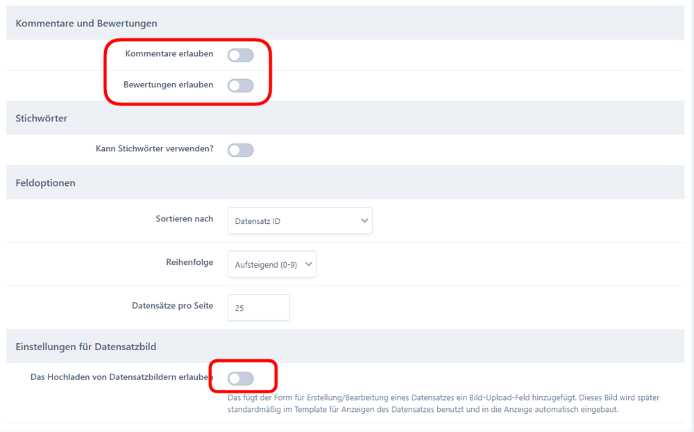 Datenbank Dokumentation - Registerkarte Optionen