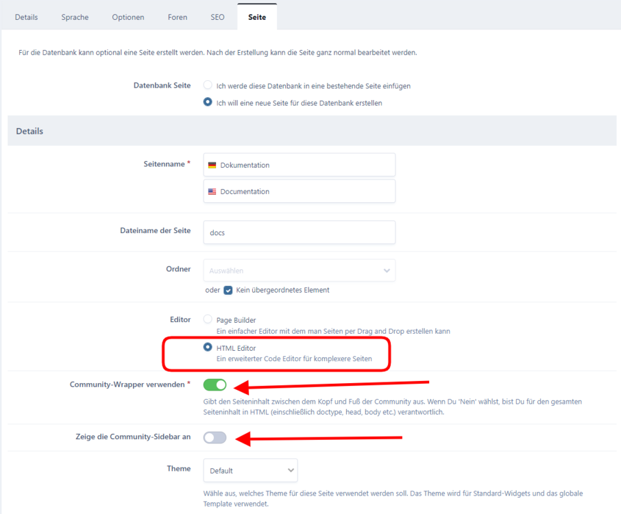 Datenbank Dokumentation - Registerkarte Seite