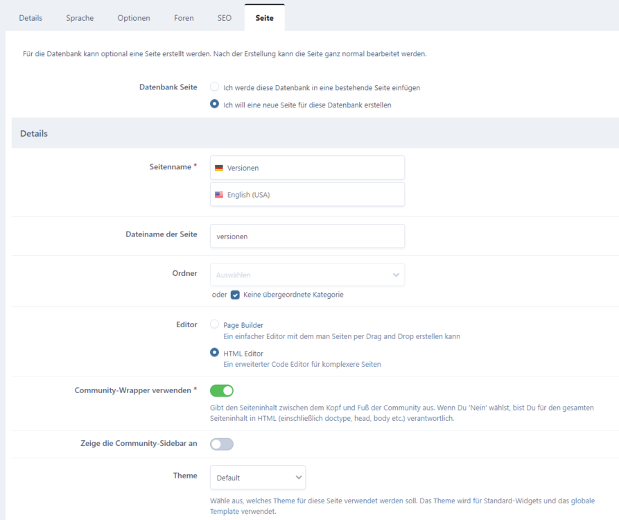 Seite für die Datenbank Versionen