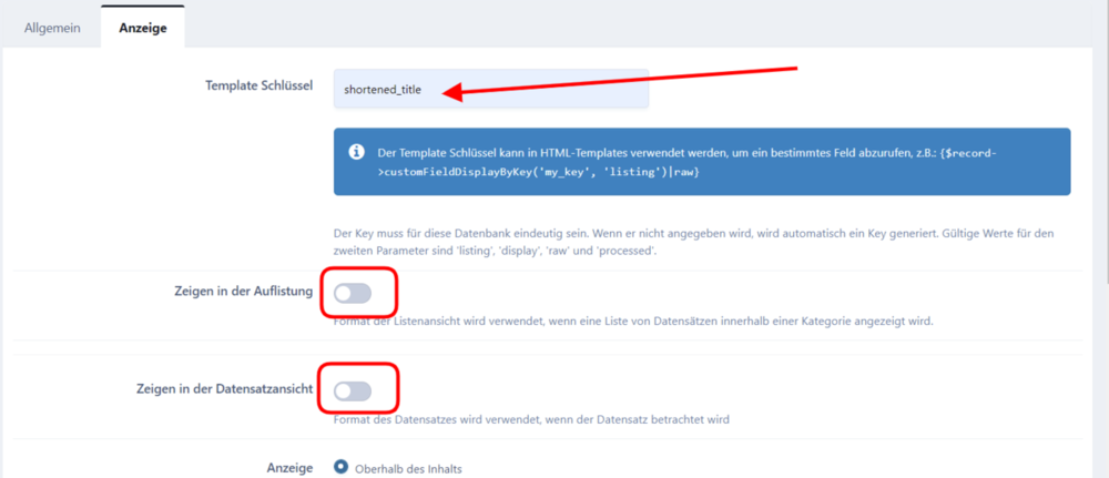 Anzeige für Feld "Kurzversion" für die Datenbank