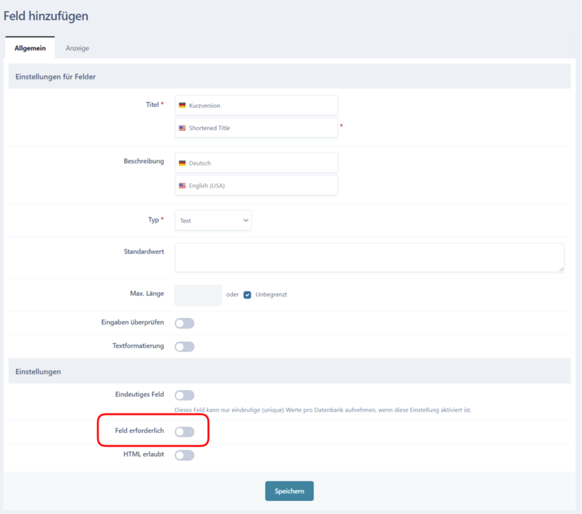 Feld "Kurzversion" für die Dokumentation