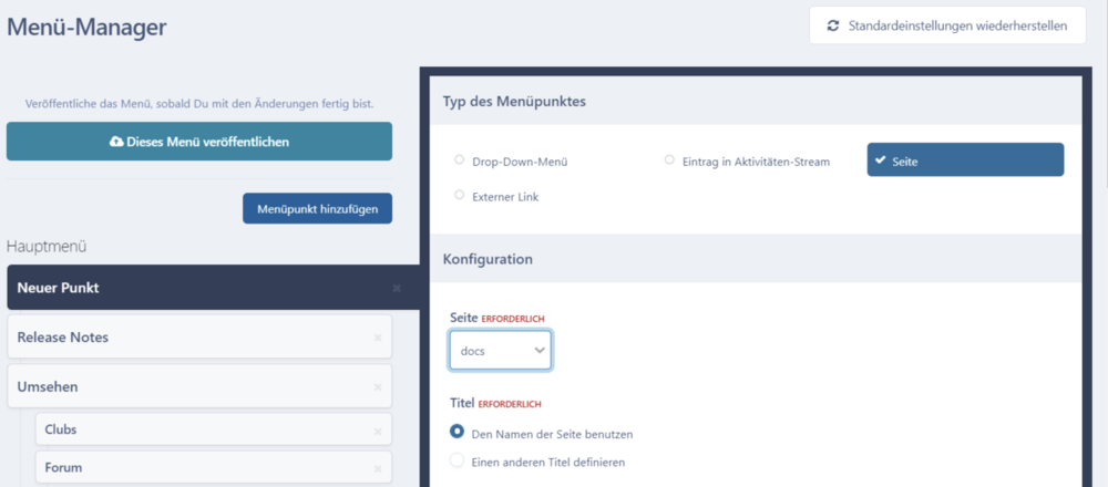 Seite in Hauptnavigation hinzufügen