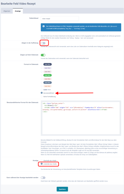 YouTube-Feld - benutzerdefinierte Anzeige